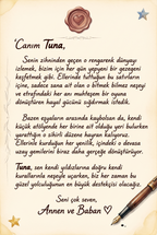 Hediye edilen kişiye özel çocuk kitabının iç kapağında yer alan sevgi dolu doğum günü kutlama mesajı alanı.