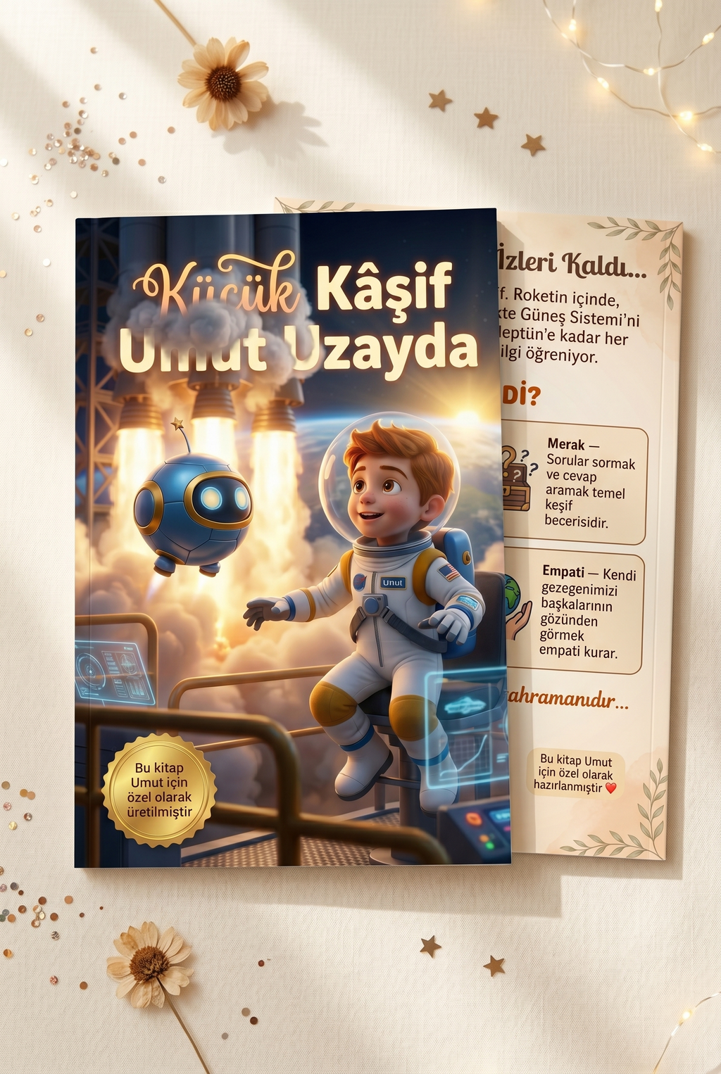 Umut adına özel hazırlanan uzay macerası kitabının ön ve arka kapakları yan yana sergileniyor.