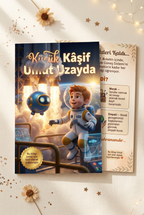 Umut adına özel hazırlanan uzay macerası kitabının ön ve arka kapakları yan yana sergileniyor.