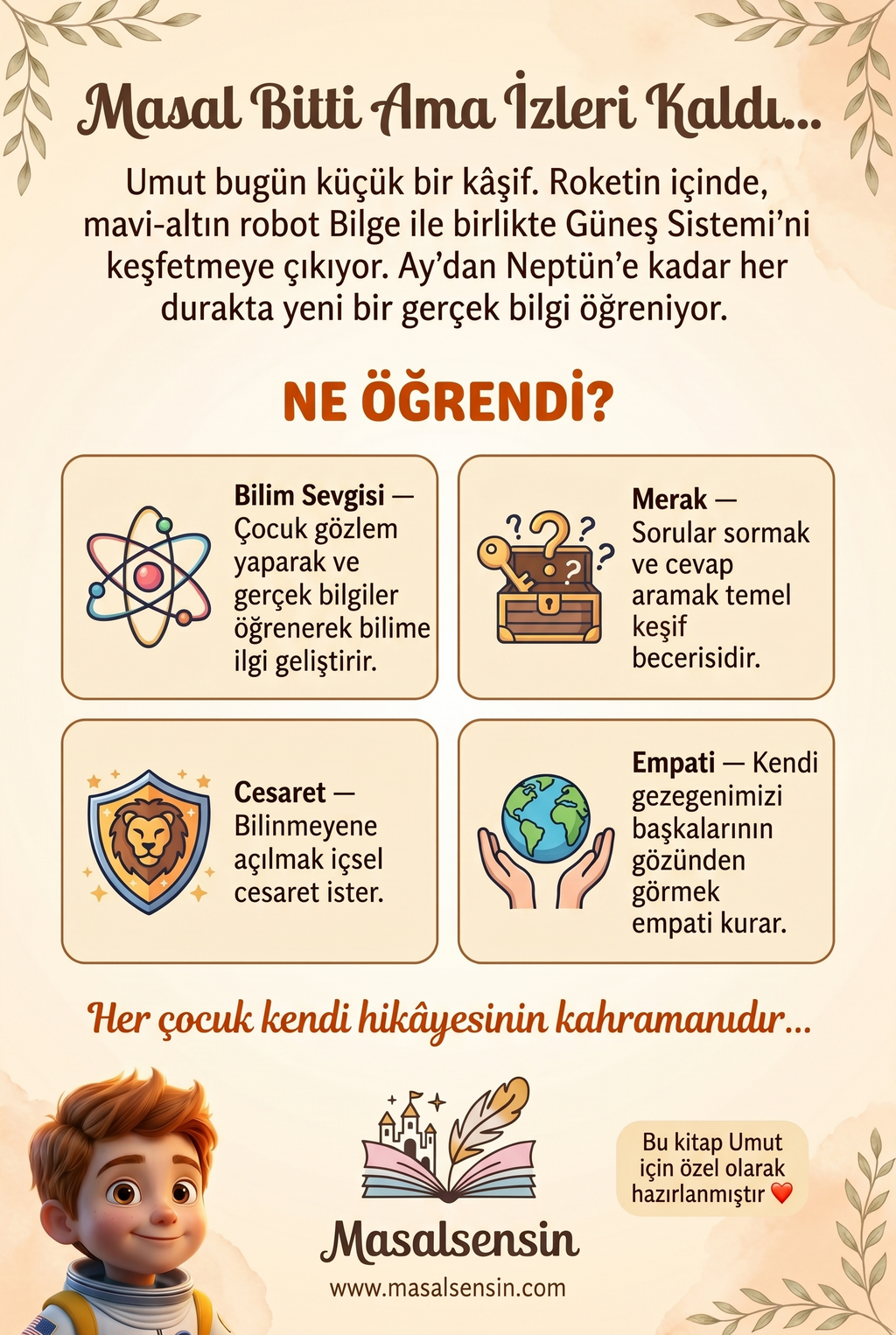 Umut'un uzay macerası kitabının arka kapağı, gezegenler ve bilim sevgisi kazanımlarını gösteriyor.