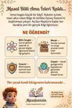 Umut'un uzay macerası kitabının arka kapağı, gezegenler ve bilim sevgisi kazanımlarını gösteriyor.