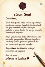 Umut için hazırlanan 'Küçük Kâşif Uzayda' kitabının kişisel hediye notu yazılabilen ilk sayfası.
