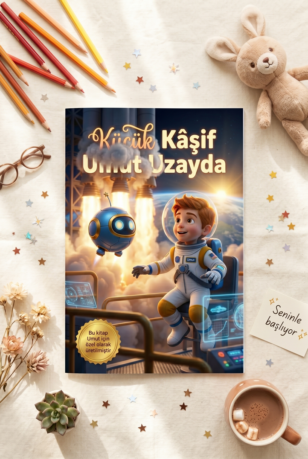 Umut'un kişiye özel uzay kitabı, yanında roket oyuncağı ve yıldızlarla birlikte masaya serilmiş halde.
