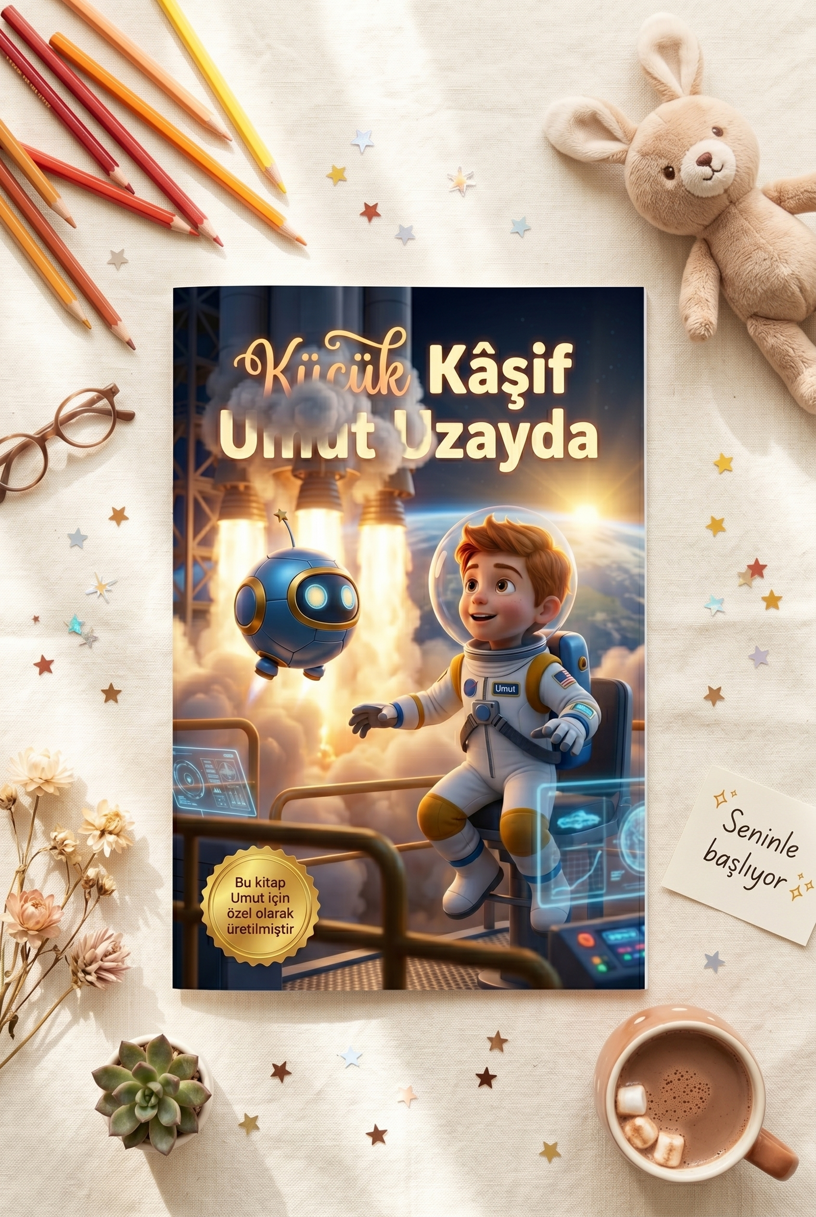 Umut'un kişiye özel uzay kitabı, yanında roket oyuncağı ve yıldızlarla birlikte masaya serilmiş halde.