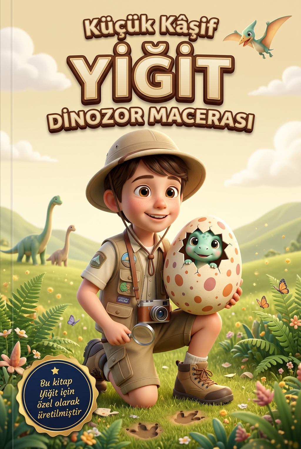 'Yiğit'in Dinozor Macerası' kişiye özel çocuk kitabının ön kapağı, yemyeşil bir vadi ve dost bir dinozor illüstrasyonu ile.