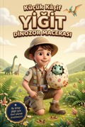 'Yiğit'in Dinozor Macerası' kişiye özel çocuk kitabının ön kapağı, yemyeşil bir vadi ve dost bir dinozor illüstrasyonu ile.