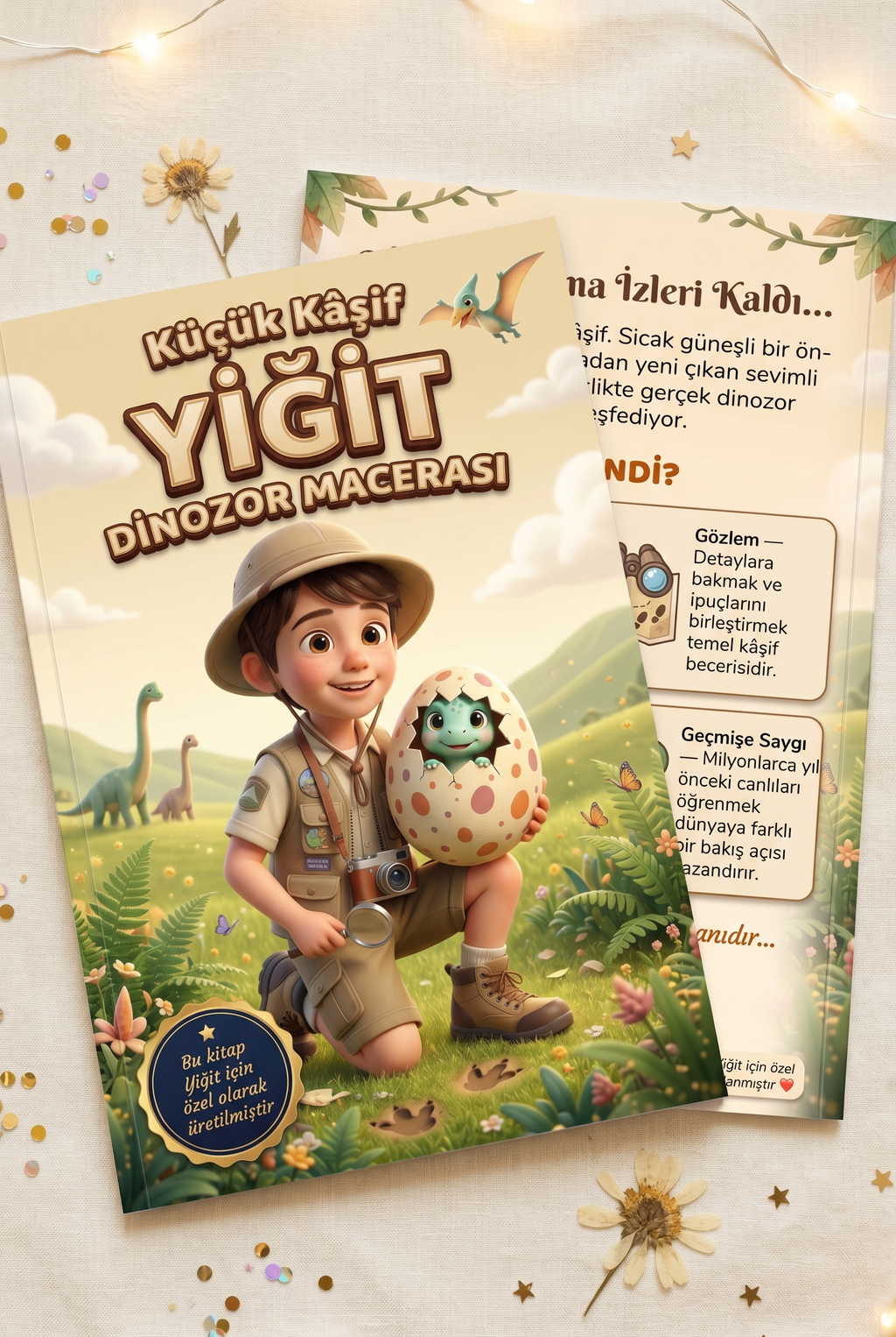 Yiğit'in kişiye özel dinozor kitabının ön ve arka kapakları yan yana, A4 boyutundaki kaliteli baskıyı gösteriyor.