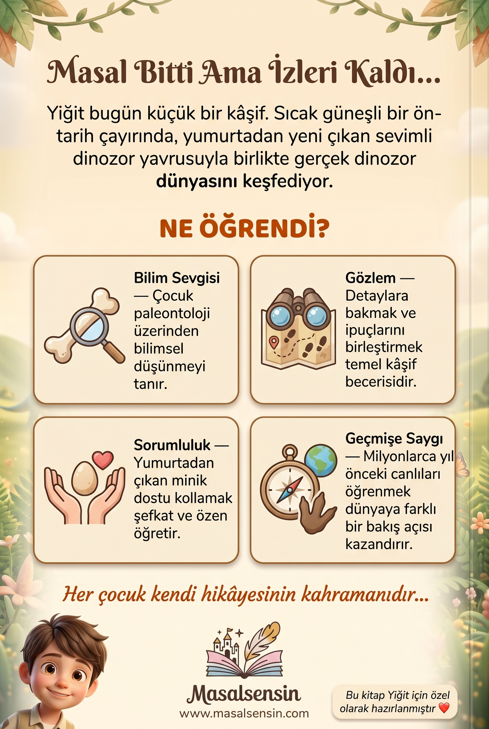 Yiğit isimli kişiselleştirilmiş kitabın arka kapağı, bilimsel merak ve sorumluluk kazanımlarını özetliyor.