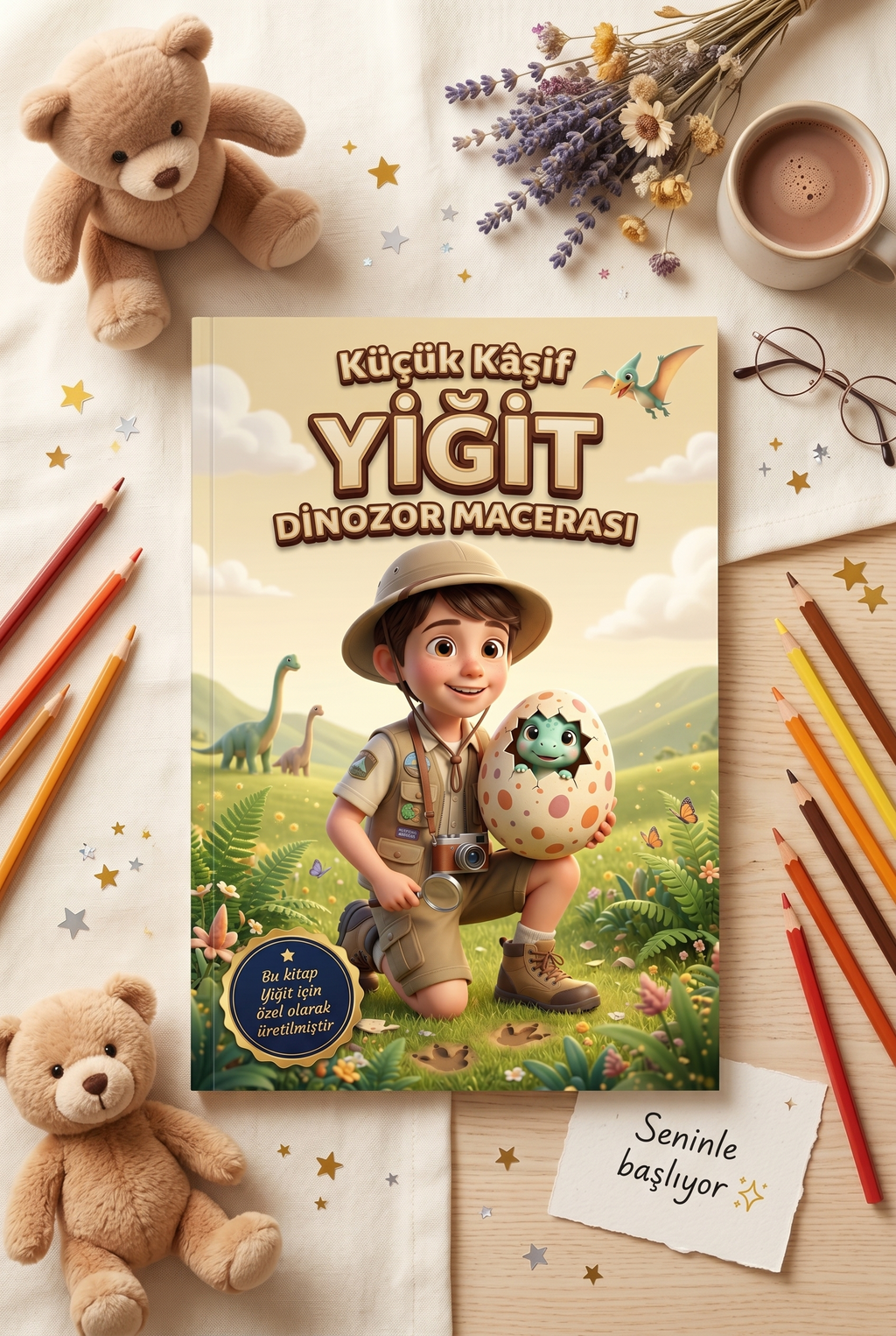 'Yiğit'in Dinozor Macerası' kitabı, bir kaşif şapkası ve büyüteçle birlikte düz bir zeminde sergileniyor.