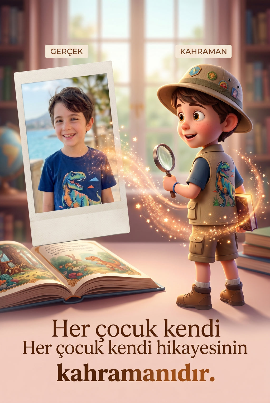 Yiğit'in fotoğrafının, profesyonel sanatçılar tarafından kitabın 3D kaşif karakterine nasıl dönüştürüldüğünü gösteren önce-sonra görseli.