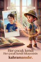 Yiğit'in fotoğrafının, profesyonel sanatçılar tarafından kitabın 3D kaşif karakterine nasıl dönüştürüldüğünü gösteren önce-sonra görseli.