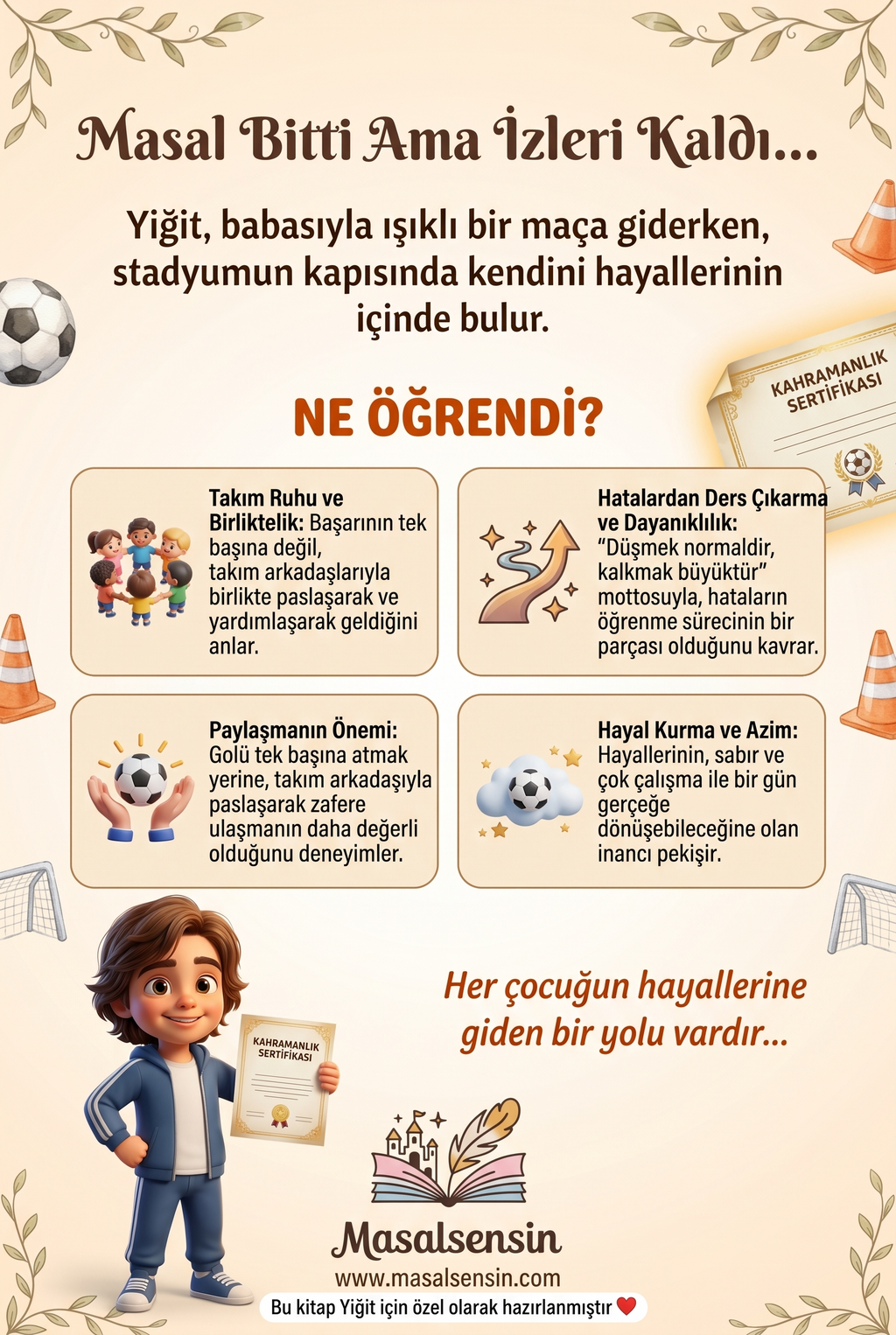 Yiğit adına özel hazırlanan futbol temalı masal kitabının arka kapağı, takım ruhu ve azim kazanımlarını vurguluyor.