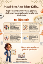 Yiğit adına özel hazırlanan futbol temalı masal kitabının arka kapağı, takım ruhu ve azim kazanımlarını vurguluyor.