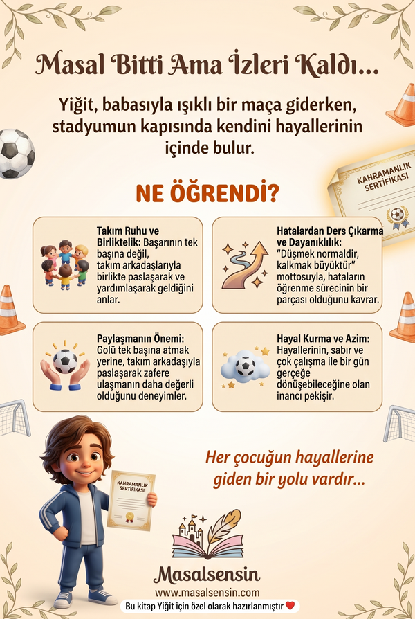 Yiğit adına özel hazırlanan futbol temalı masal kitabının arka kapağı, takım ruhu ve azim kazanımlarını vurguluyor.