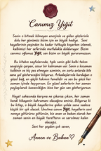 Kişiye özel masal kitabının ilk sayfası, 'Sevgili Yiğit'e' ithafıyla ve hediye notuyla birlikte görünüyor.