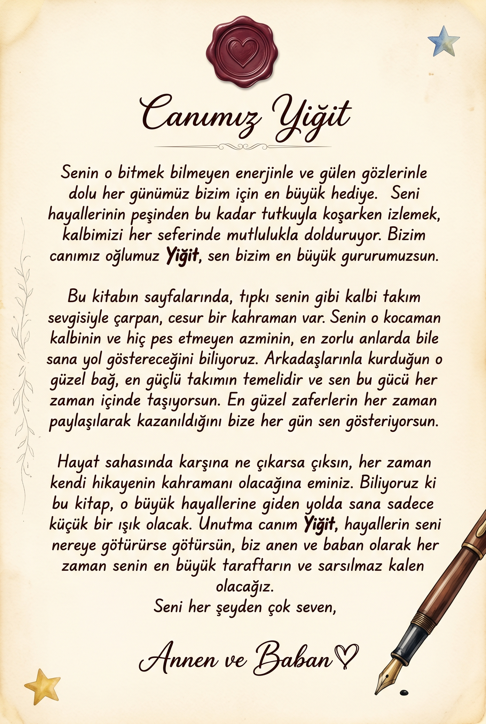Kişiye özel masal kitabının ilk sayfası, 'Sevgili Yiğit'e' ithafıyla ve hediye notuyla birlikte görünüyor.