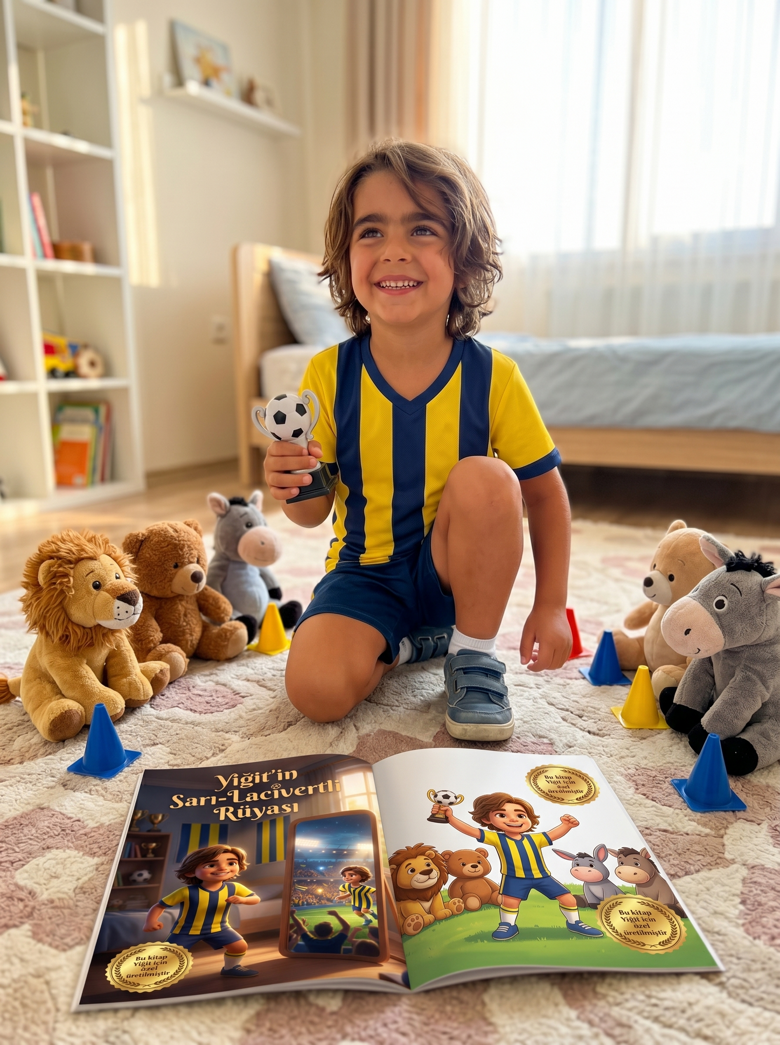 Genç bir çocuk, yatağında kendi fotoğrafının olduğu kişiselleştirilmiş Yiğit'in futbol hikayesini heyecanla okuyor.