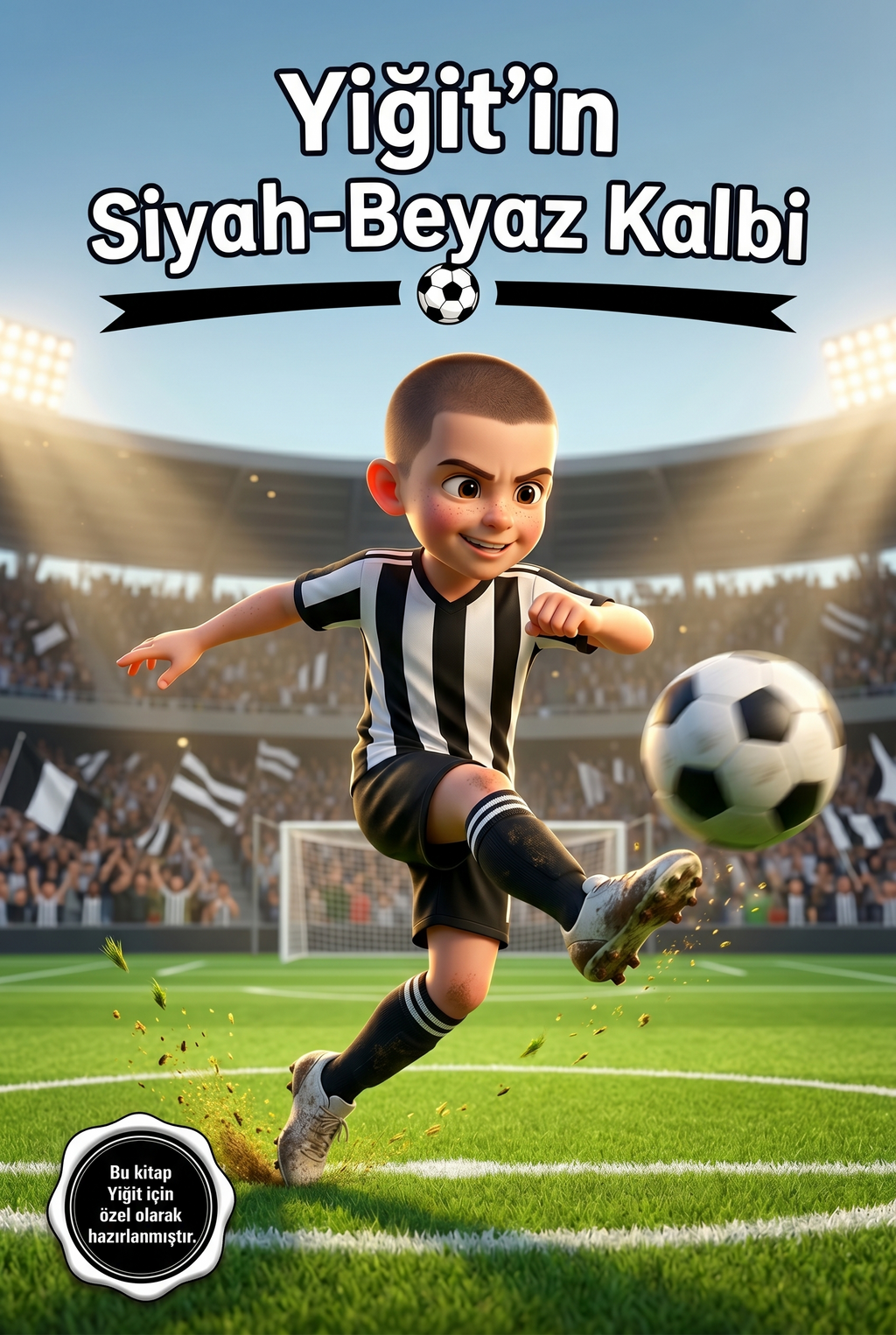 Yiğit'in Siyah-Beyaz Kalbi kişiye özel masal kitabı ön kapağı, Yiğit'i futbol formasıyla gösteren illüstrasyon.