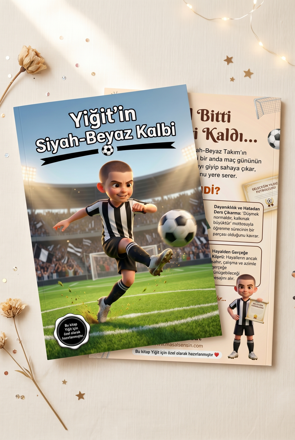 'Yiğit'in Siyah-Beyaz Kalbi' adına özel kitabın ön ve arka kapakları yan yana, A4 boyutunda kaliteli baskı.