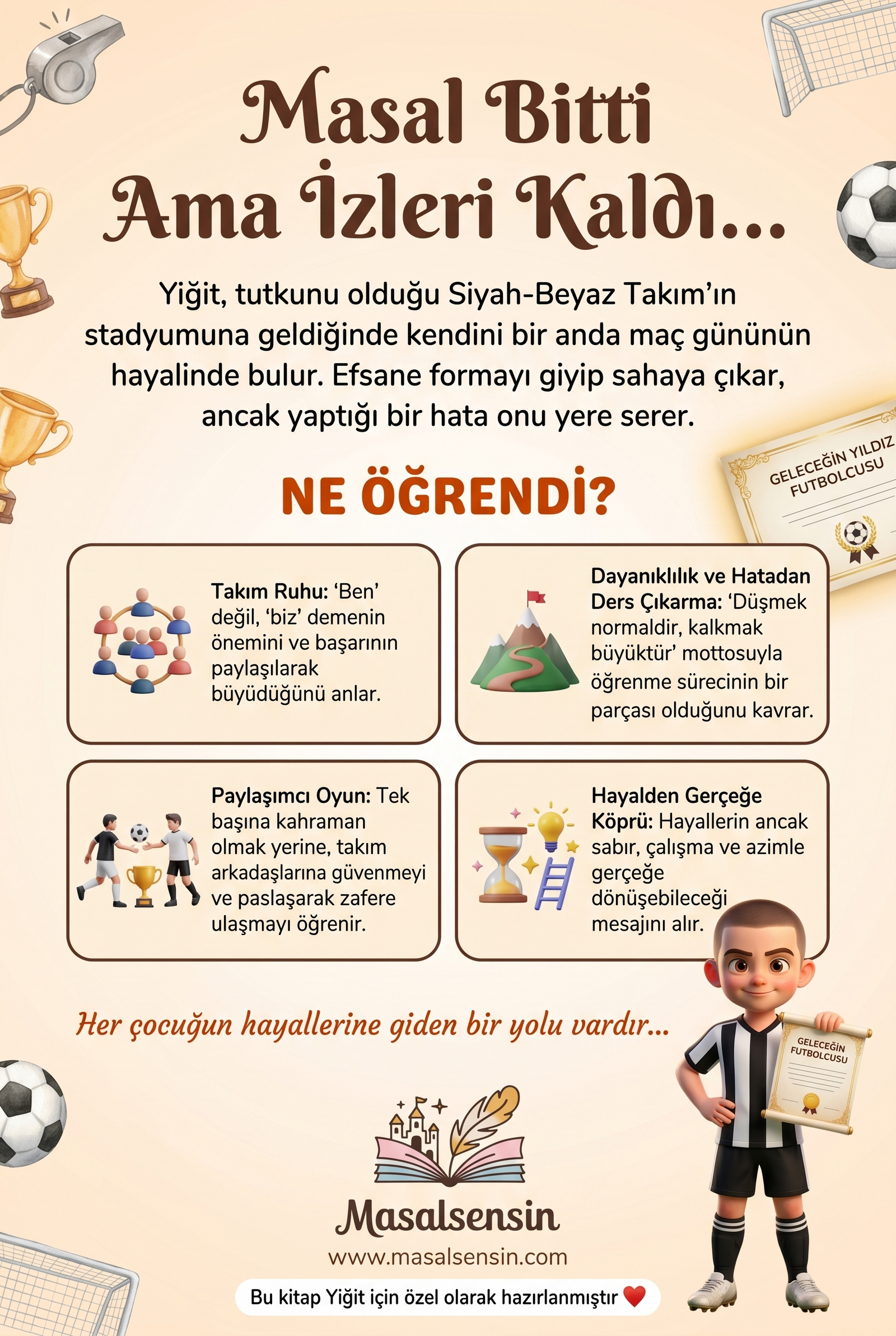 Yiğit isimli kişiselleştirilmiş futbol hikayesi kitabının arka kapağı, takım ruhu ve dayanıklılık kazanımlarını özetliyor.