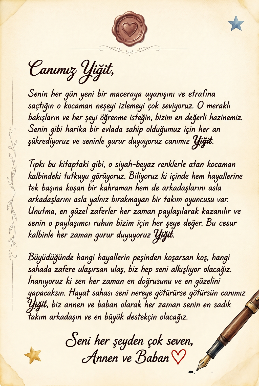 Yiğit için hazırlanan kişiye özel masal kitabının ilk sayfasındaki hediye notu ve ithaf bölümü.