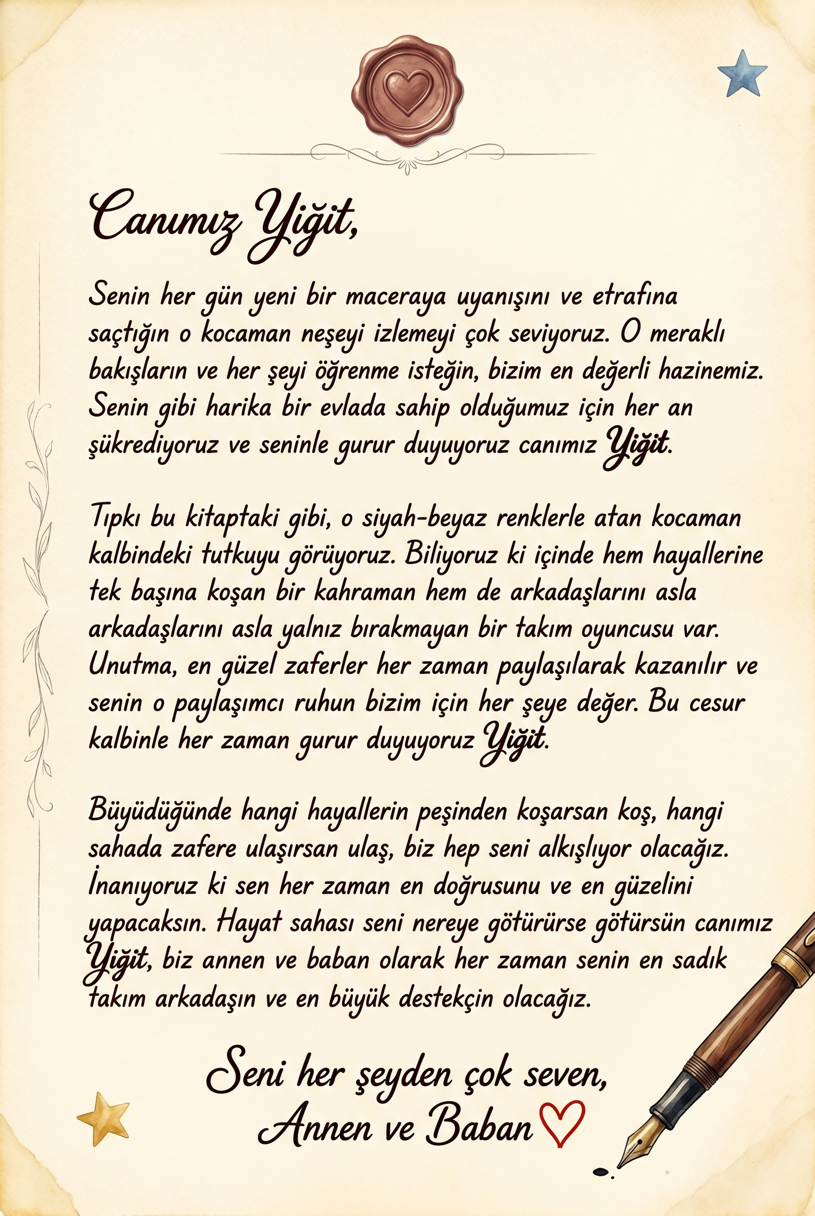 Yiğit için hazırlanan kişiye özel masal kitabının ilk sayfasındaki hediye notu ve ithaf bölümü.
