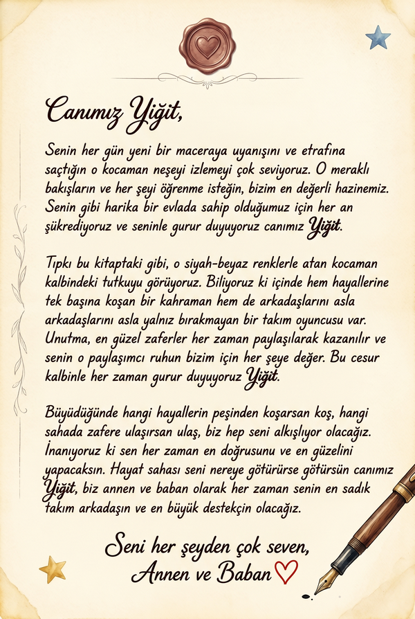 Yiğit için hazırlanan kişiye özel masal kitabının ilk sayfasındaki hediye notu ve ithaf bölümü.