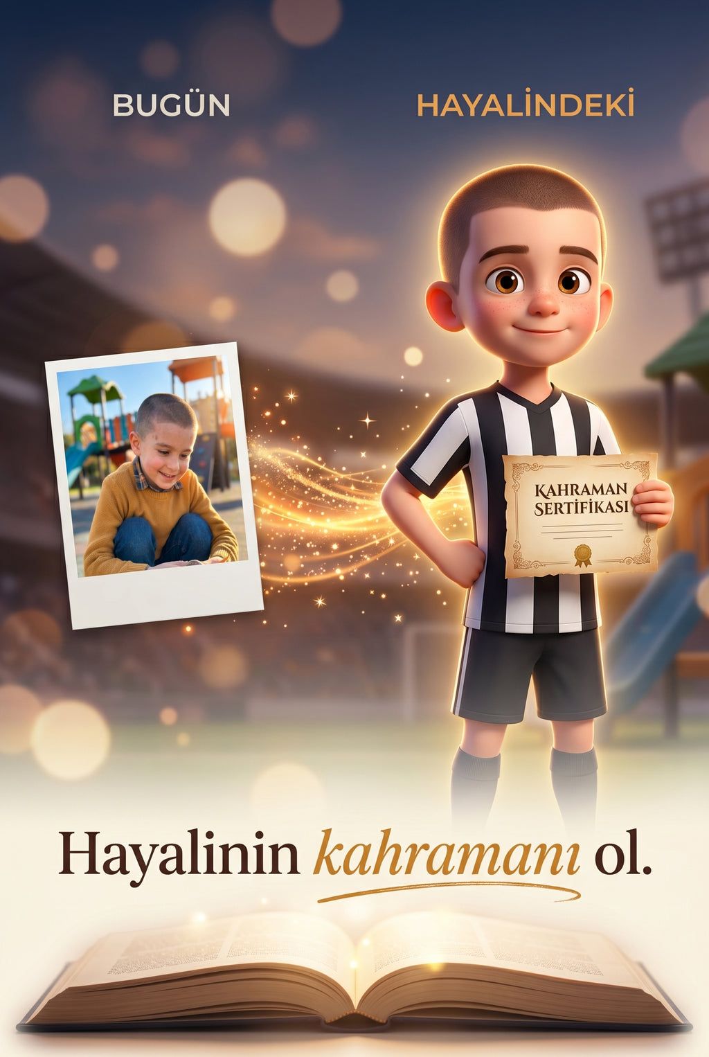 Yiğit'in gerçek fotoğrafının, kitabın içindeki futbolcu kahraman illüstrasyonuna dönüşümünü gösteren karşılaştırma.