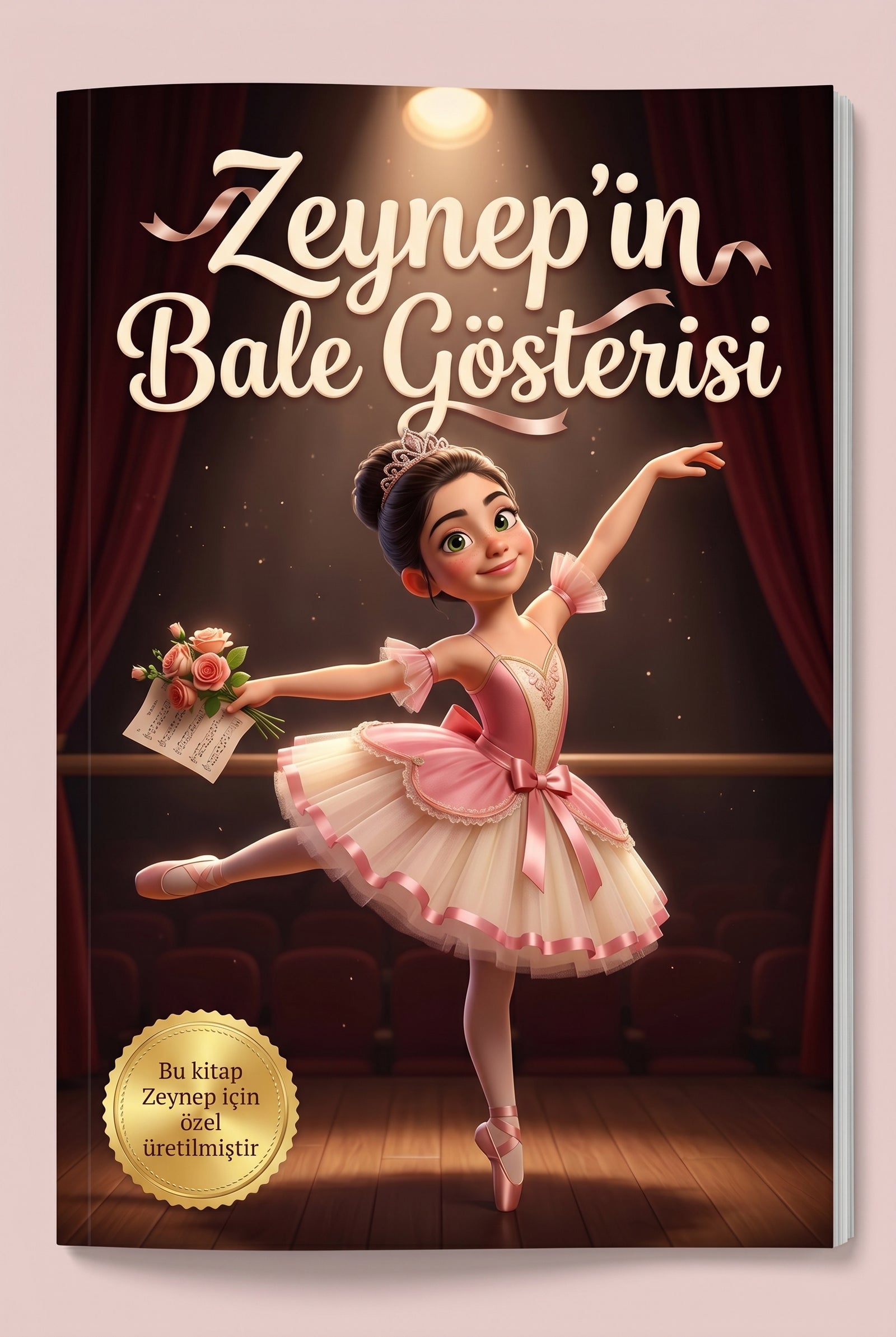 Zeynep'in Bale Gösterisi kişiye özel çocuk kitabı ön kapağı, Pixar 3D illüstrasyon ve isimli kapak tasarımı