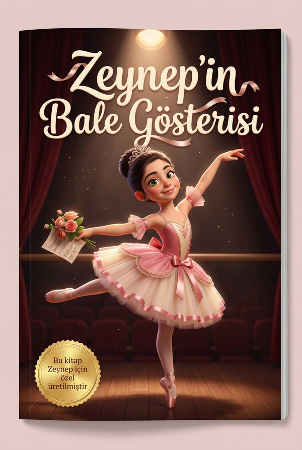 Zeynep'in Bale Gösterisi kişiye özel çocuk kitabı ön kapağı, Pixar 3D illüstrasyon ve isimli kapak tasarımı