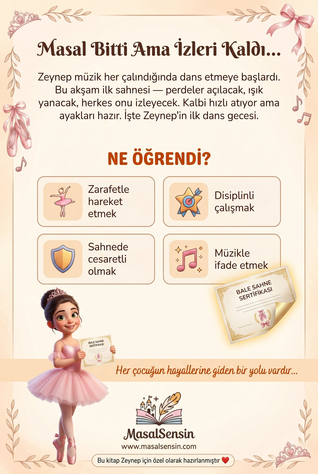 Zeynep isimli kitabın arka kapağı — sahne cesareti ve disiplinli çalışma kazanımlarının ebeveyn için anlatımı
