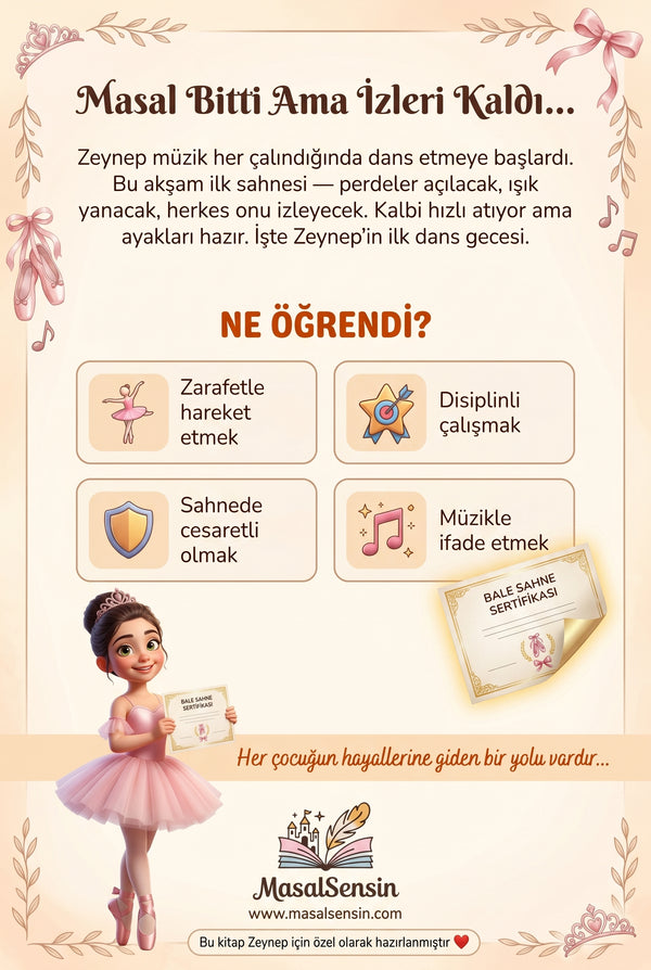 Zeynep isimli kitabın arka kapağı — sahne cesareti ve disiplinli çalışma kazanımlarının ebeveyn için anlatımı