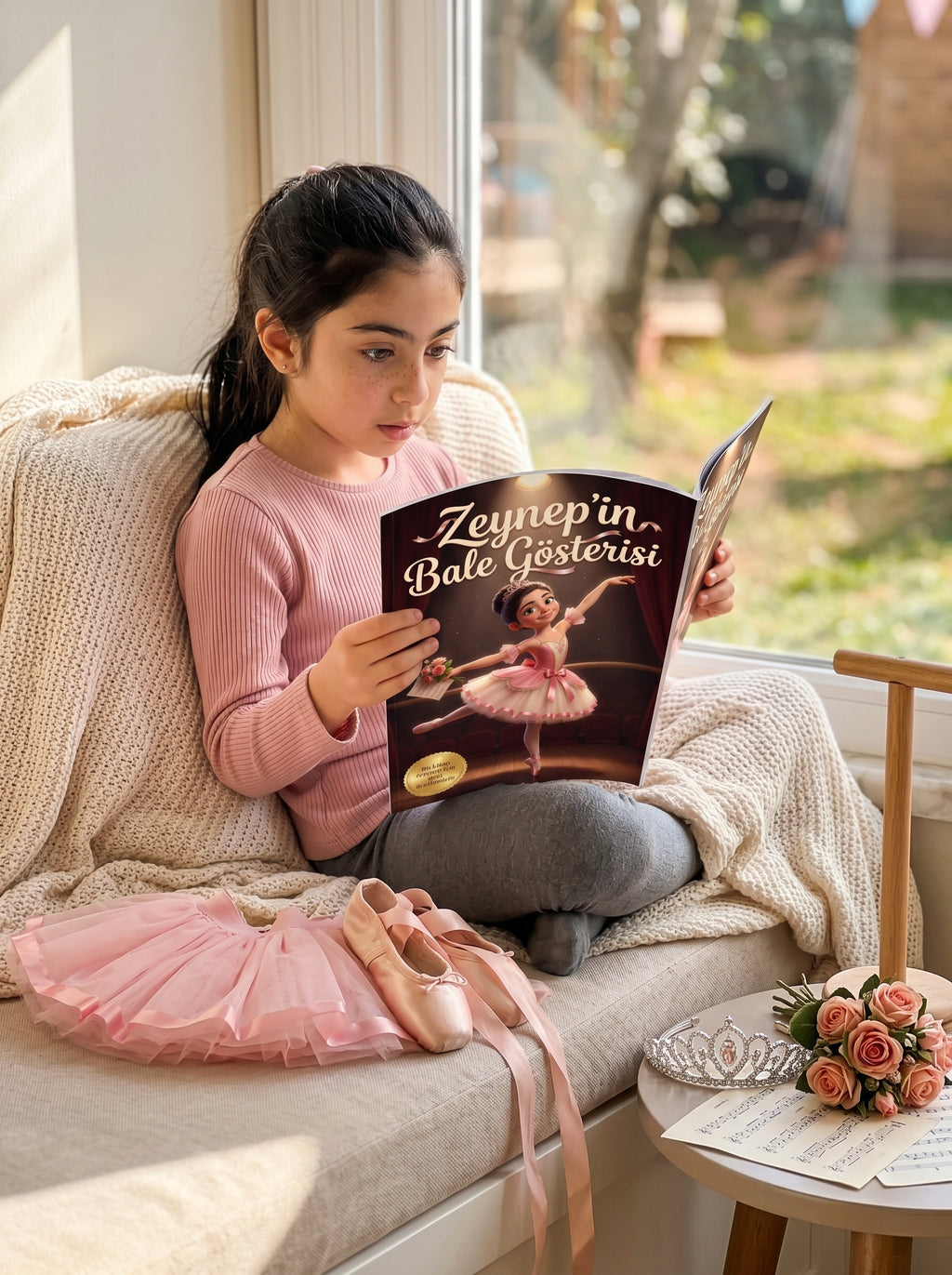 Zeynep uyumadan önce kendi adının yazılı olduğu bale masalını heyecanla okurken — bedtime reading anı