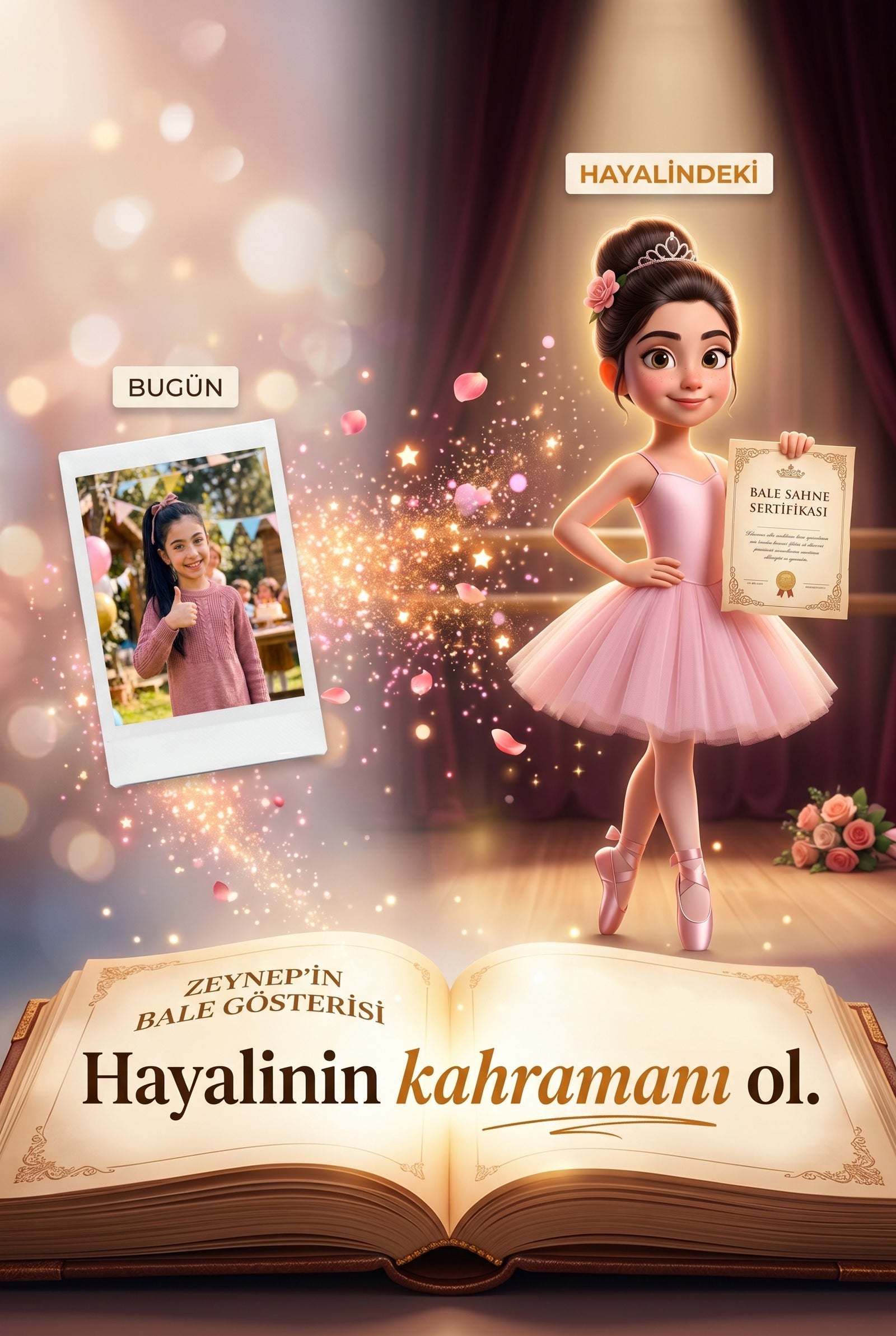 Gerçek fotoğraftan 3D pembe tütülü balerin illüstrasyonuna yüz entegrasyonu — kişiselleştirilmiş kitap teknolojisi