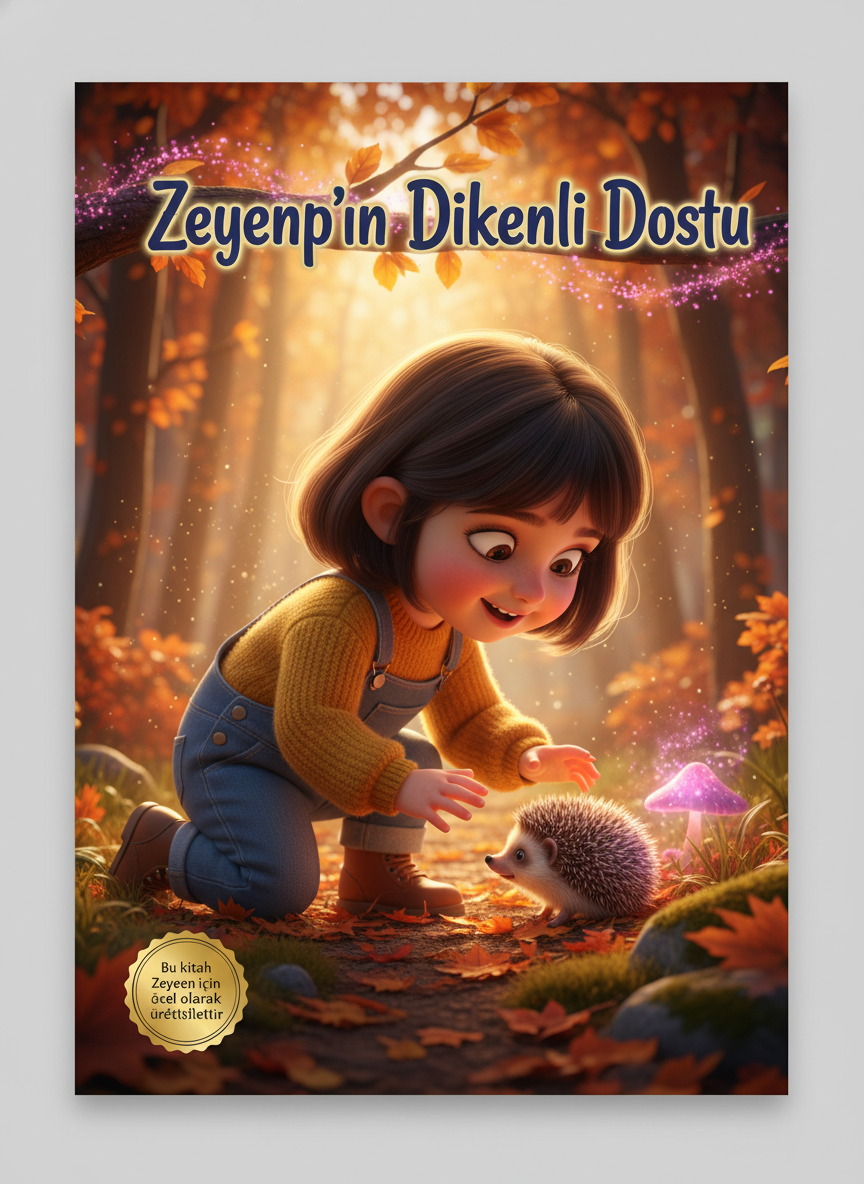 Zeynep'in Dikenli Dostu kişiye özel çocuk kitabı ön kapağı, hayvan sevgisi temalı Pixar 3D illüstrasyon