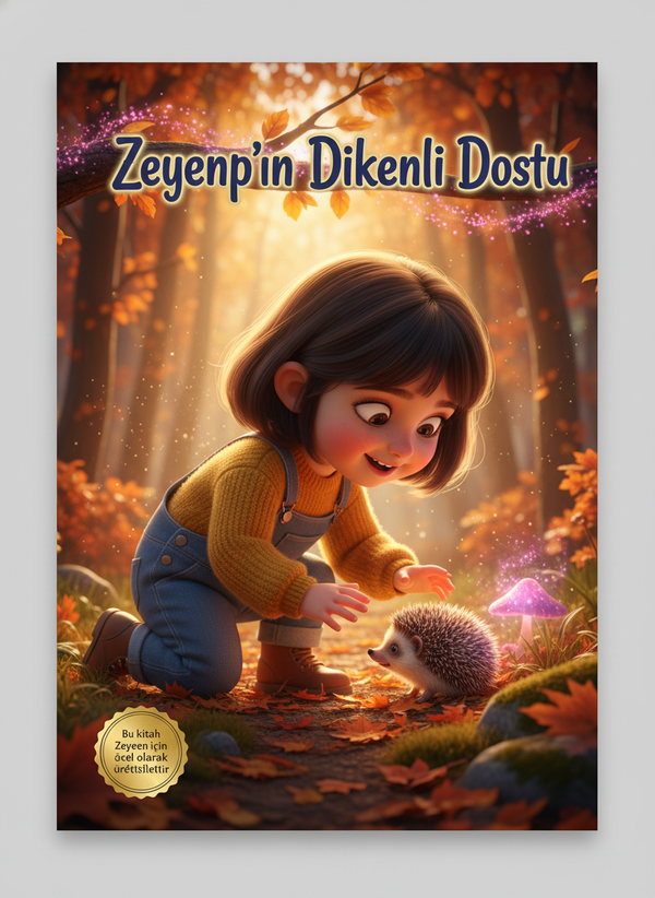 Zeynep'in Dikenli Dostu kişiye özel çocuk kitabı ön kapağı, hayvan sevgisi temalı Pixar 3D illüstrasyon