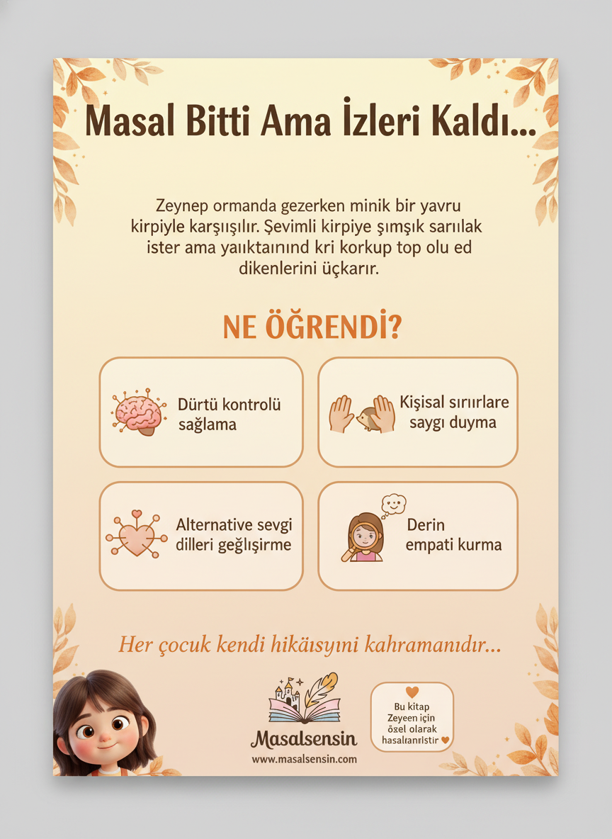 Zeynep isimli çocuk kitabının arka kapağı, kişisel sınırlara saygı ve empati kazanımları özeti