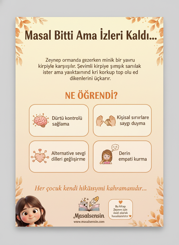 Zeynep isimli çocuk kitabının arka kapağı, kişisel sınırlara saygı ve empati kazanımları özeti