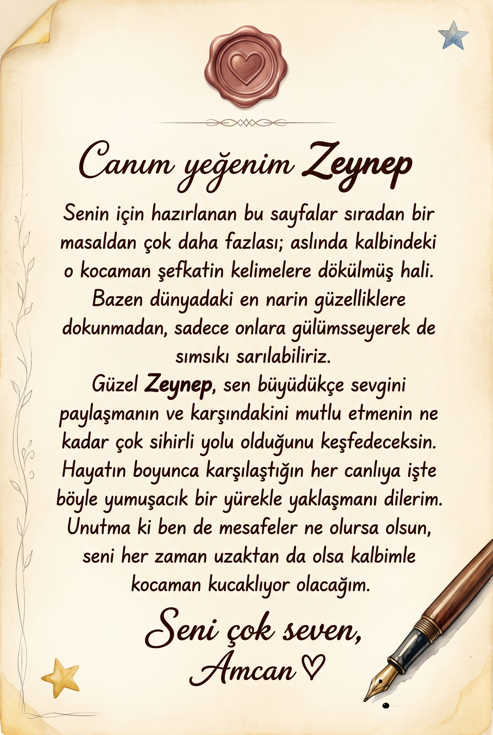 Kitabın ilk sayfasındaki Zeynep'e özel yazılmış duygu dolu hediye notu ve hatıra ithaf sayfası