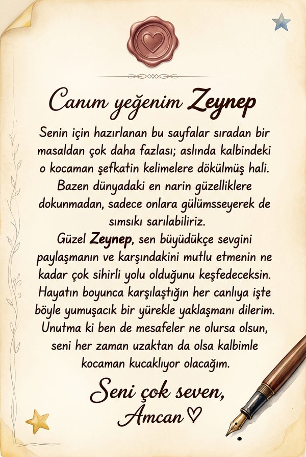 Kitabın ilk sayfasındaki Zeynep'e özel yazılmış duygu dolu hediye notu ve hatıra ithaf sayfası