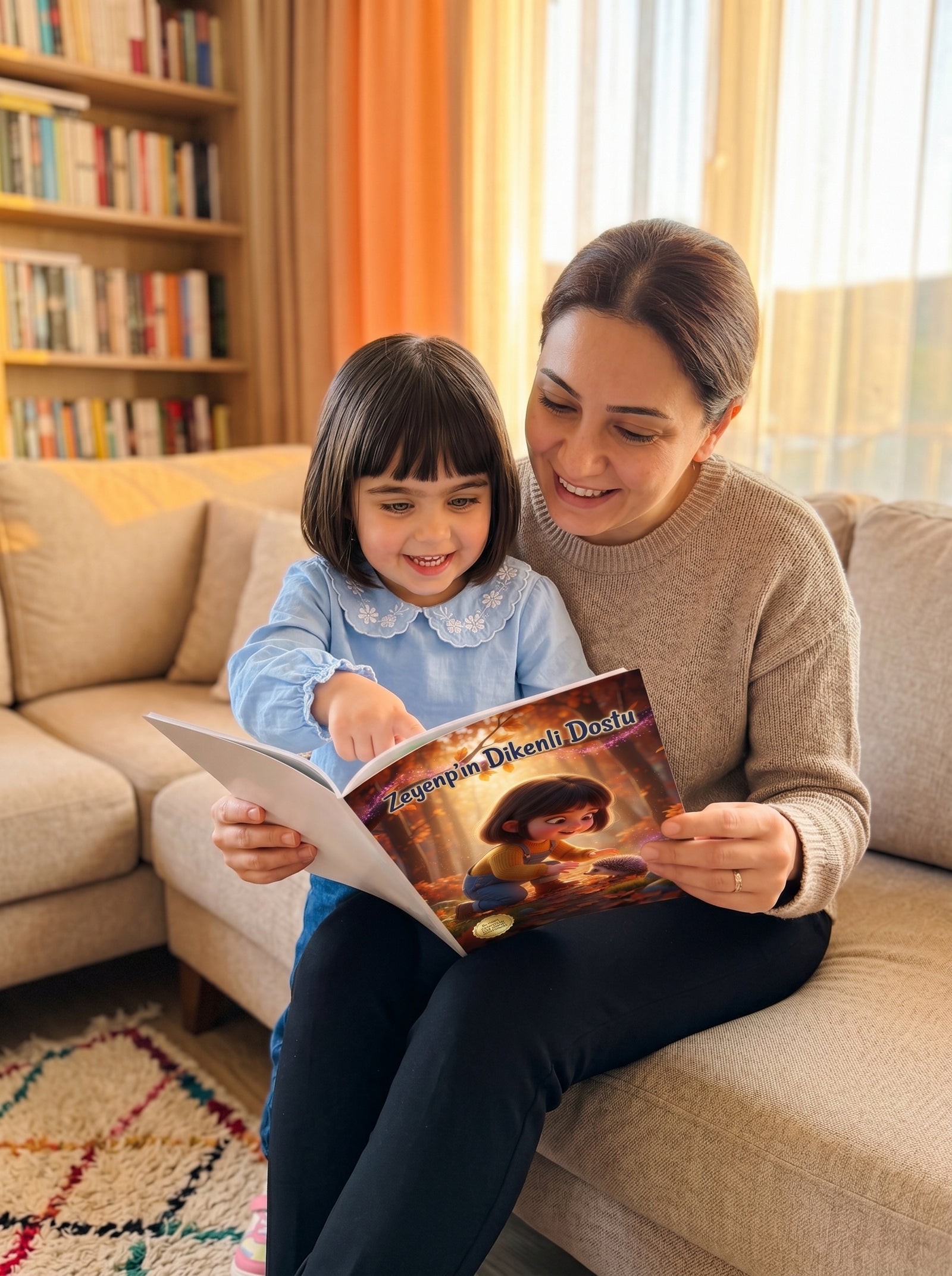 Zeynep uyumadan önce kendi adının yazılı olduğu masalı ebeveyniyle okurken, mutlu bedtime reading anı