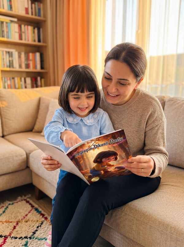 Zeynep uyumadan önce kendi adının yazılı olduğu masalı ebeveyniyle okurken, mutlu bedtime reading anı