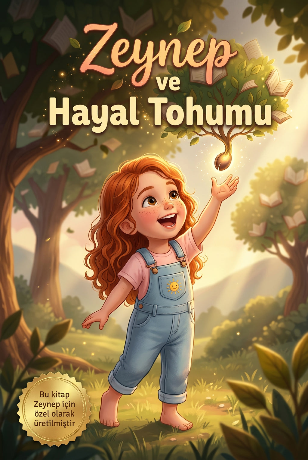 'Zeynep ve Hayal Tohumu' kişiye özel çocuk kitabının ön kapağı, Zeynep ve annesinin sihirli bahçesini gösteriyor.