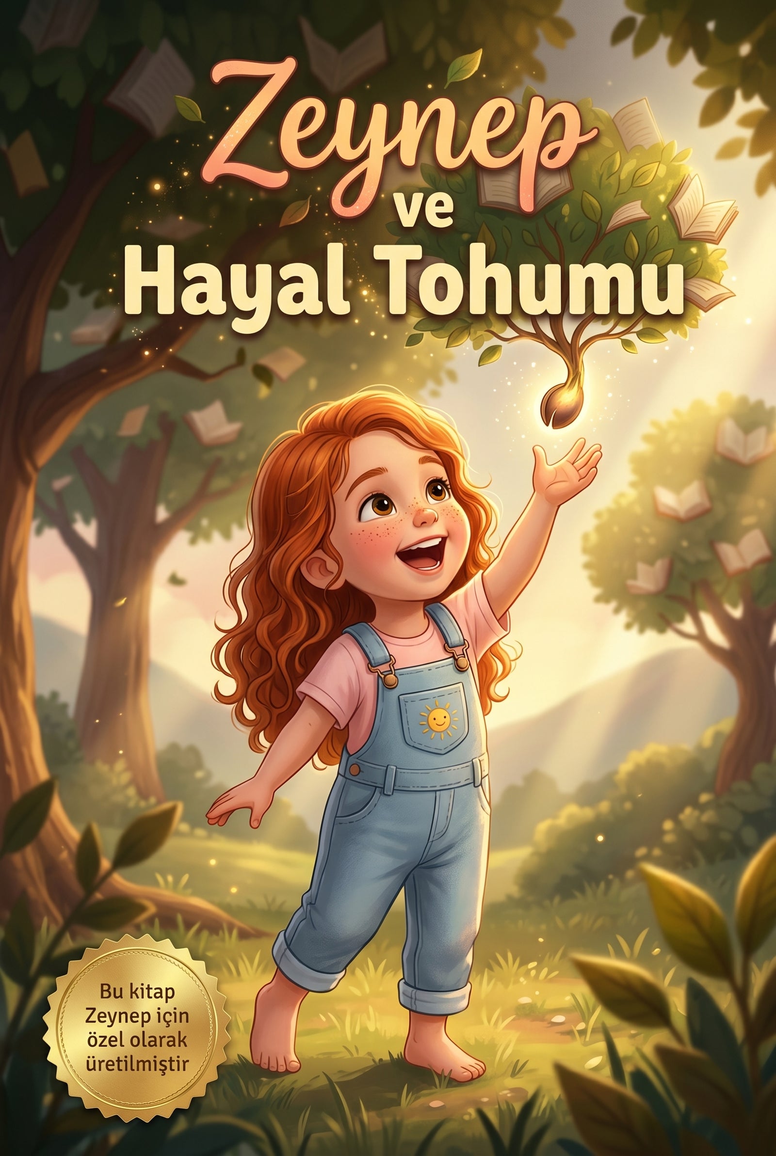 'Zeynep ve Hayal Tohumu' kişiye özel çocuk kitabının ön kapağı, Zeynep ve annesinin sihirli bahçesini gösteriyor.