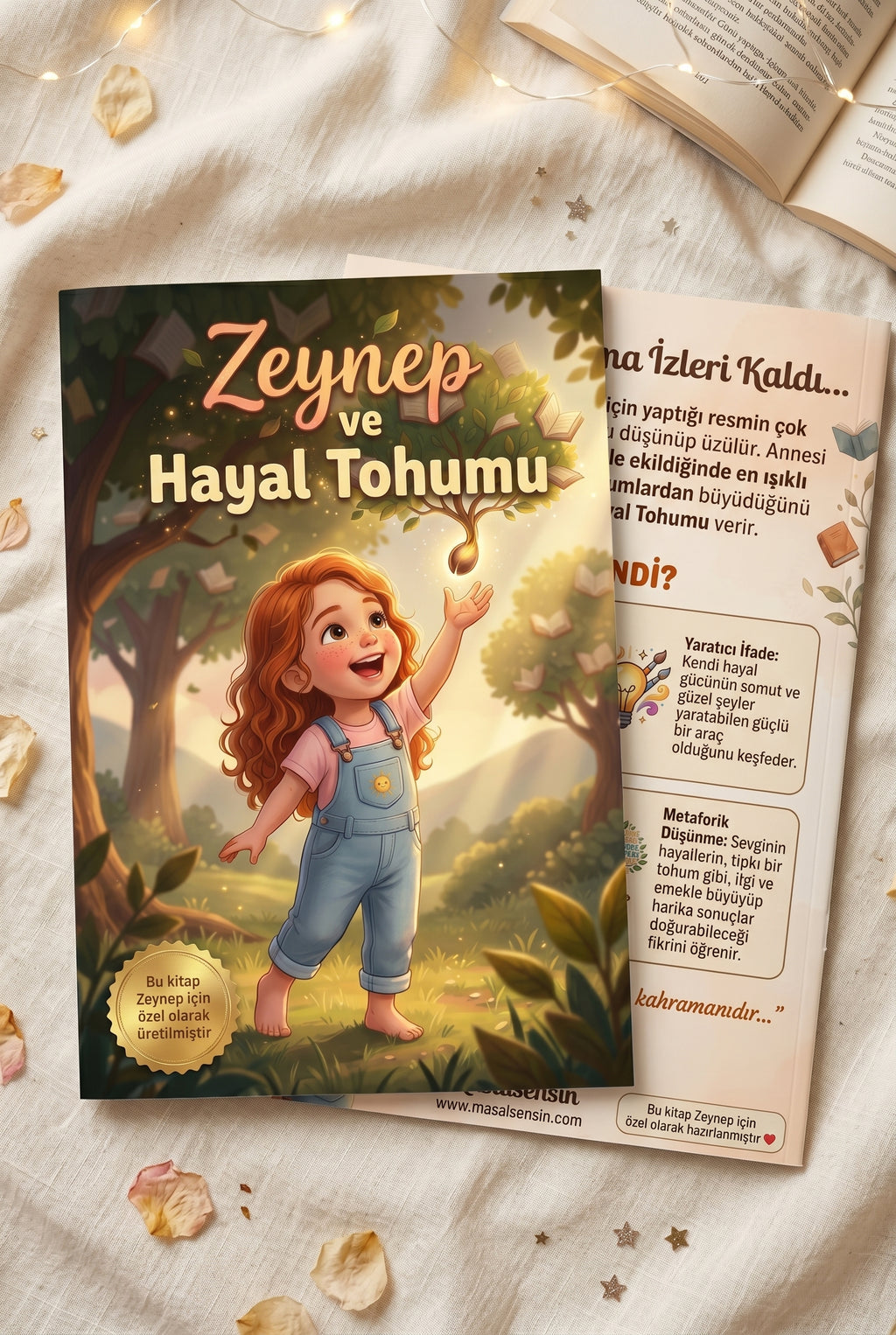 'Zeynep ve Hayal Tohumu' isimli kişiye özel kitabın ön ve arka kapakları yan yana, A4 boyutunda.