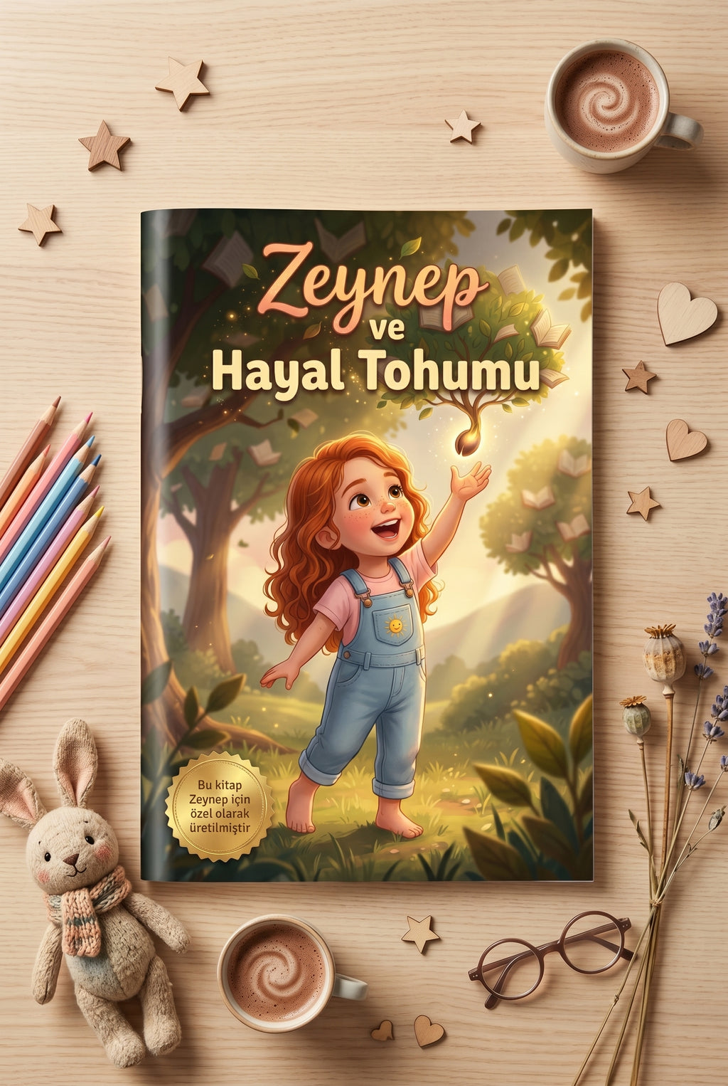 Zeynep'in ismine özel hazırlanan 'Hayal Tohumu' kitabı, renkli sayfalarıyla masanın üzerinde sergileniyor.