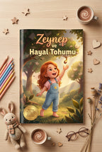 Zeynep'in ismine özel hazırlanan 'Hayal Tohumu' kitabı, renkli sayfalarıyla masanın üzerinde sergileniyor.