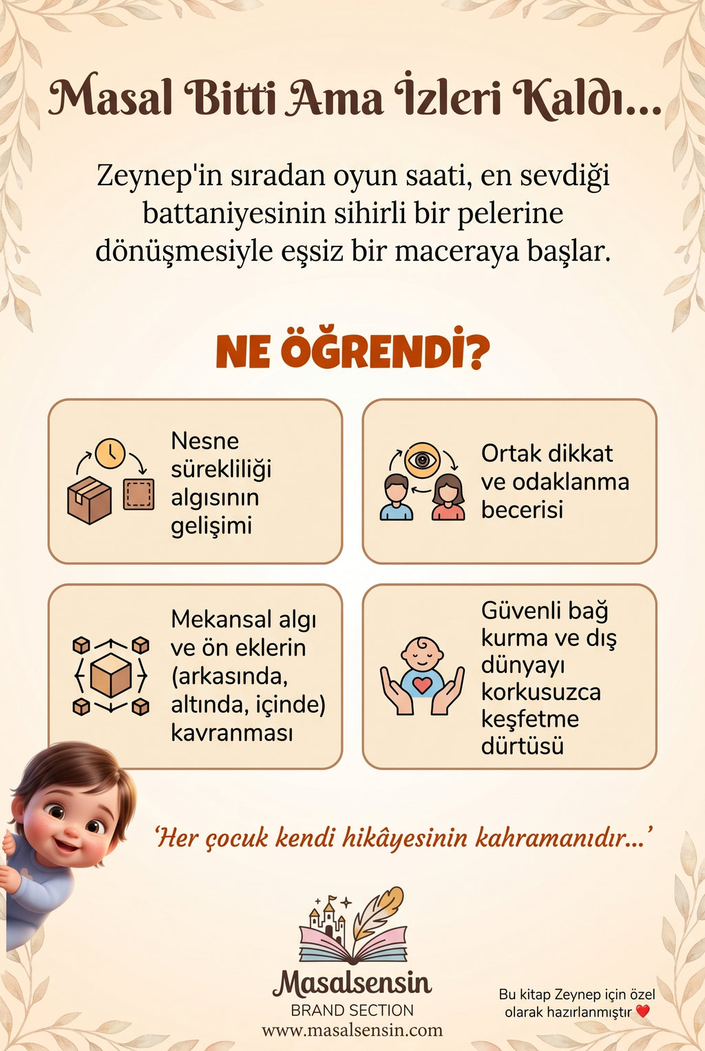 Zeynep isimli kitabın arka kapağı — güvenli bağlanma ve nesne sürekliliği kazanımlarını anlatan detaylar