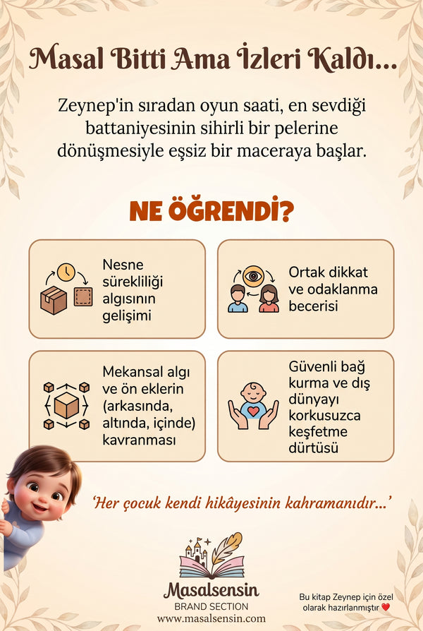 Zeynep isimli kitabın arka kapağı — güvenli bağlanma ve nesne sürekliliği kazanımlarını anlatan detaylar