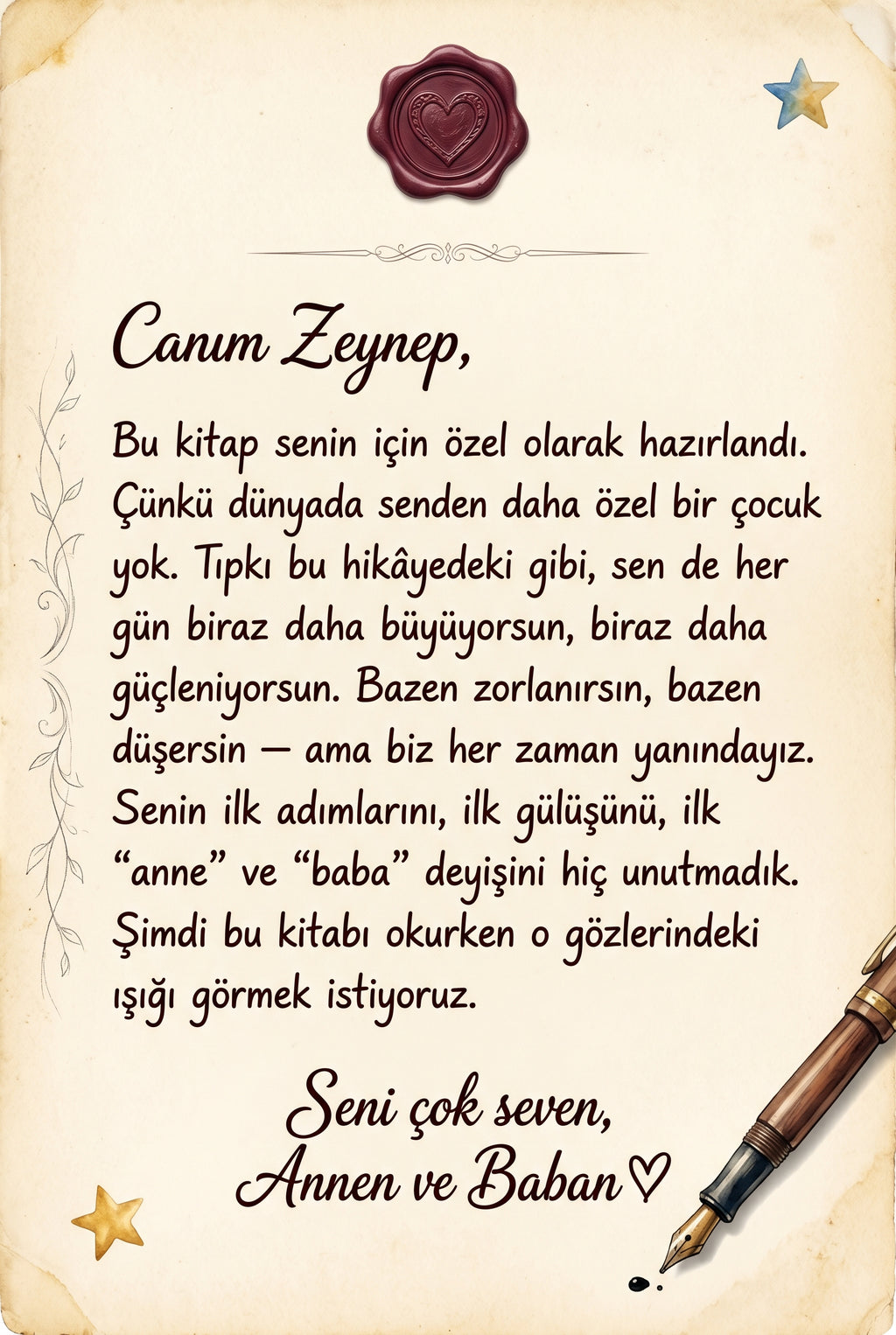Zeynep'in doğum günü için özel yazılmış sevgi dolu ithaf sayfası — kişiselleştirilmiş hediye notu